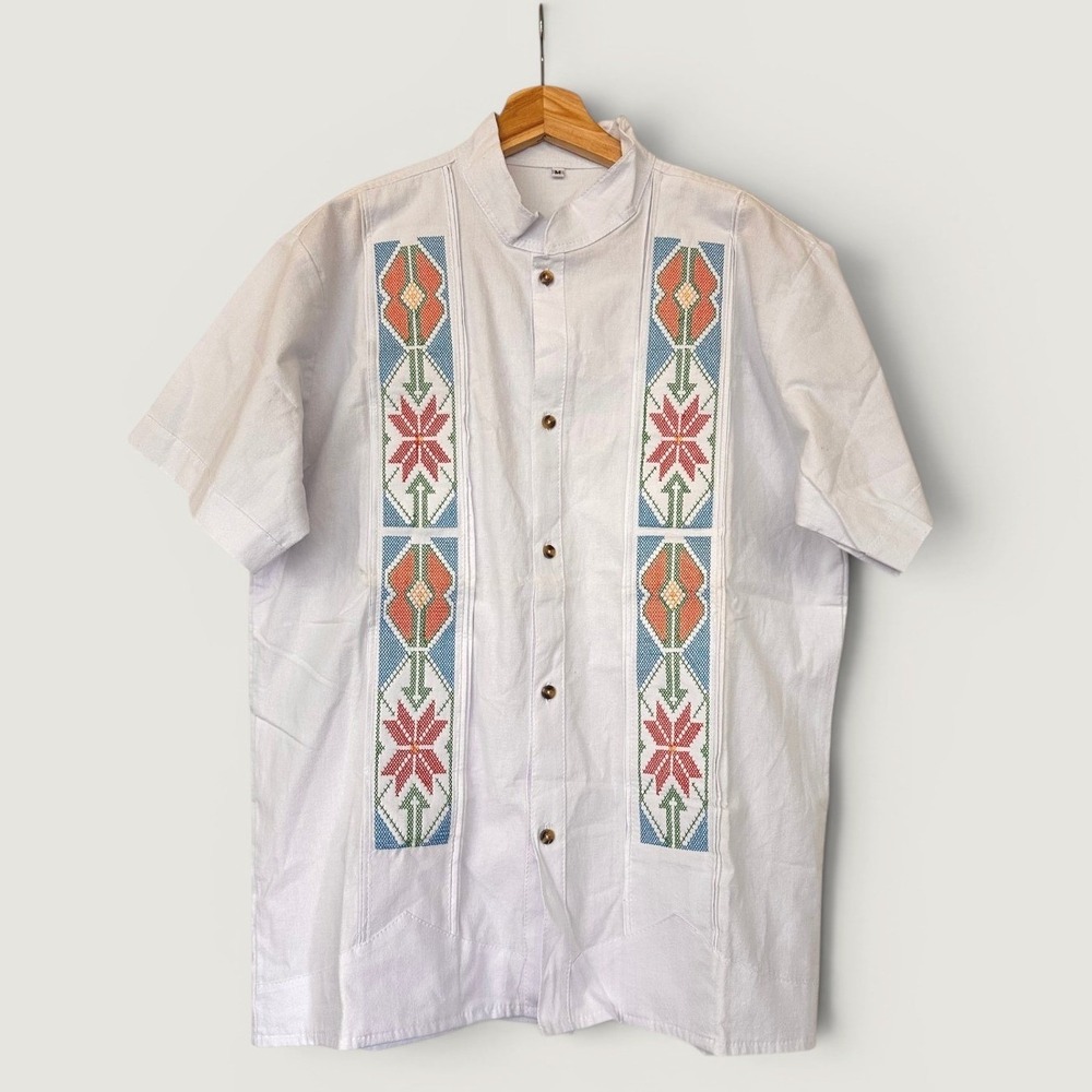Men's Guayabera Camia Bordada Artesanal White Shirt Medium Festival Folk Boho